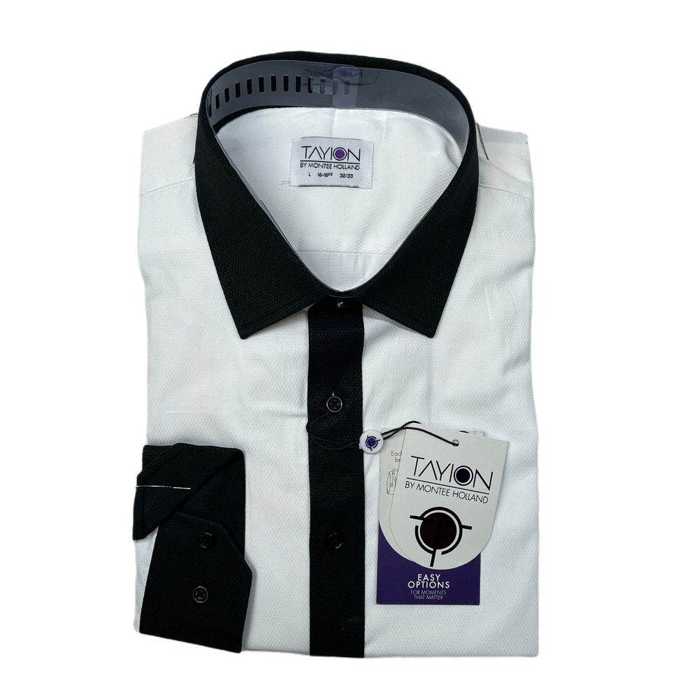 Tayion Slim-Fit Trim Dress Shirt Mens Large 16-16.5‎ 32/33 White Black $60